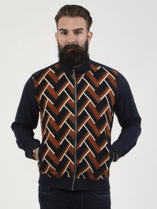  Regular fit mens navy patterned casual funnel neck jacket pearly king