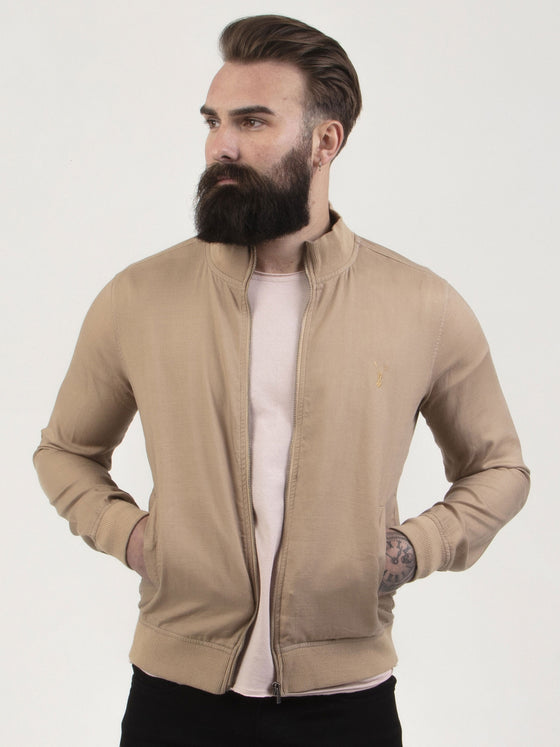 Regular fit mens beige casual funnel neck jacket pearly king