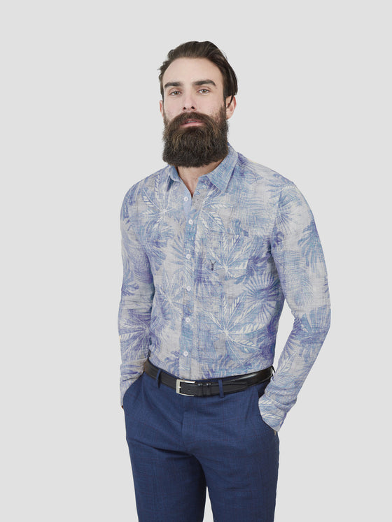 Regular fit mens linen blend leaf print blue casual long sleeve shirt pearly king