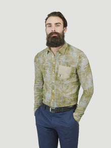  Regular fit mens linen blend leaf print khaki casual long sleeve shirt pearly king