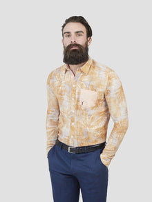  Regular fit mens linen blend leaf print saffron casual long sleeve shirt pearly king