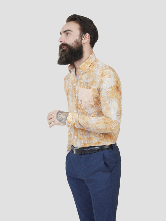 Regular fit mens linen blend leaf print saffron casual long sleeve shirt pearly king