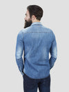 Regular fit mens cotton casual denim indigo raw edge look long sleeve shirt pearly king