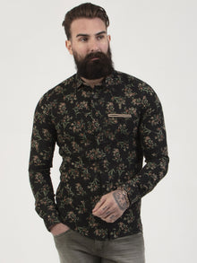  Regular fit mens cotton casual black floral long sleeve shirt pearly king