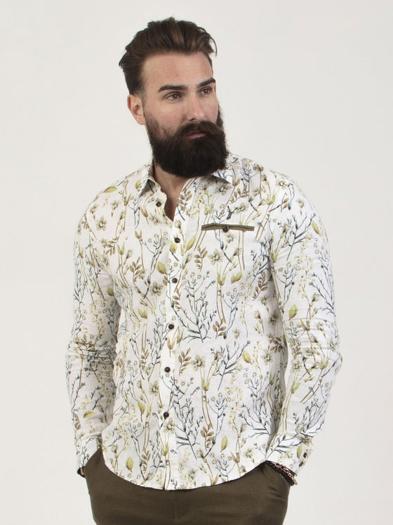 Regular fit mens linen blend casual khaki floral long sleeve shirt pearly king