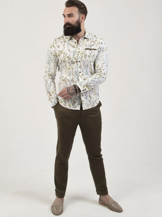 Regular fit mens linen blend casual khaki floral long sleeve shirt pearly king