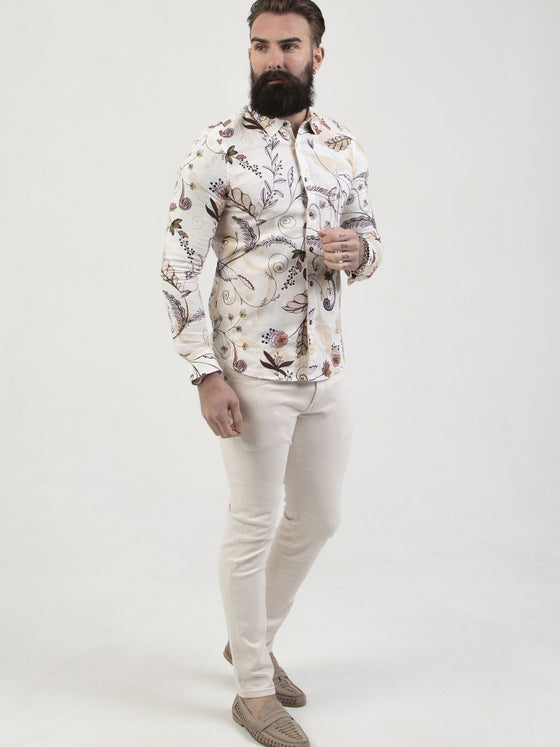 Regular fit mens linen blend beige printed formal long sleeve shirt pearly king