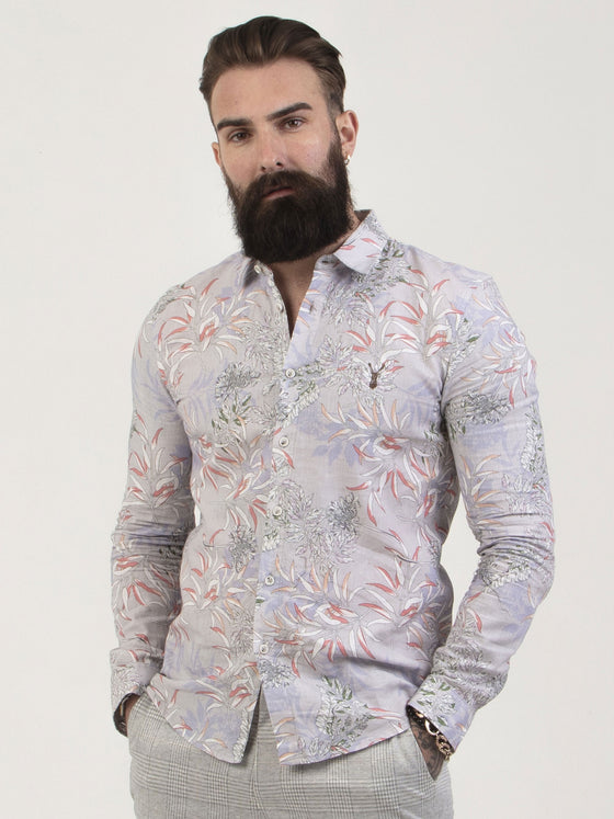 Regular fit mens linen blend botanical print grey formal long sleeve shirt pearly king