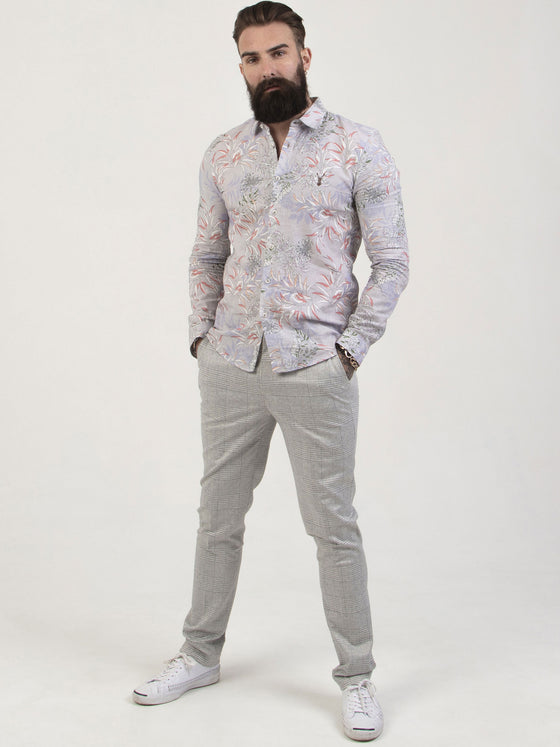 Regular fit mens linen blend botanical print grey formal long sleeve shirt pearly king