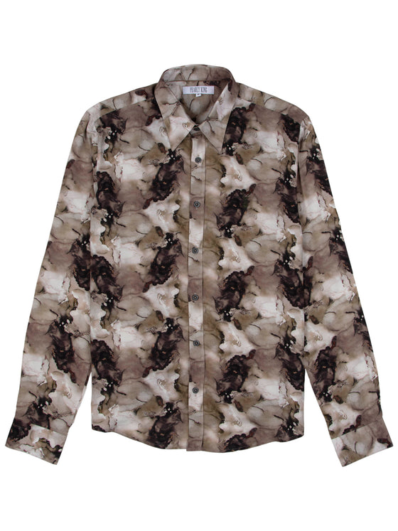 Regular Fit Prone Marbled Green Printed Long Sleeve Shirt