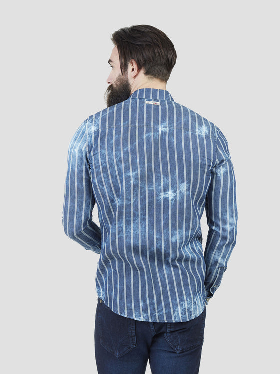 Regular fit mens cotton indigo washed out stripe casual long sleeve shirt pearly king