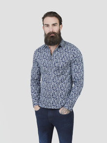  Regular fit mens cotton leaf print blue formal long sleeve shirt pearly king