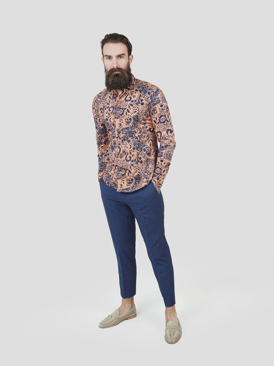 Regular fit mens cotton abstract floral graphic print coral casual long sleeve shirt pearly king