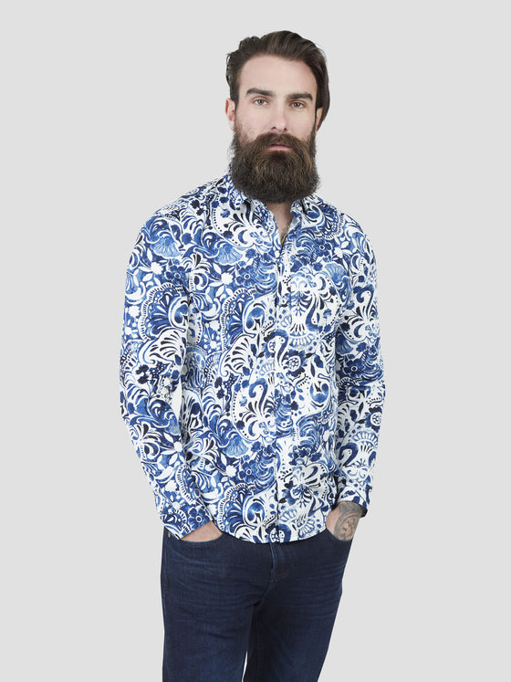 Regular fit mens cotton abstract floral graphic print navy casual long sleeve shirt pearly king