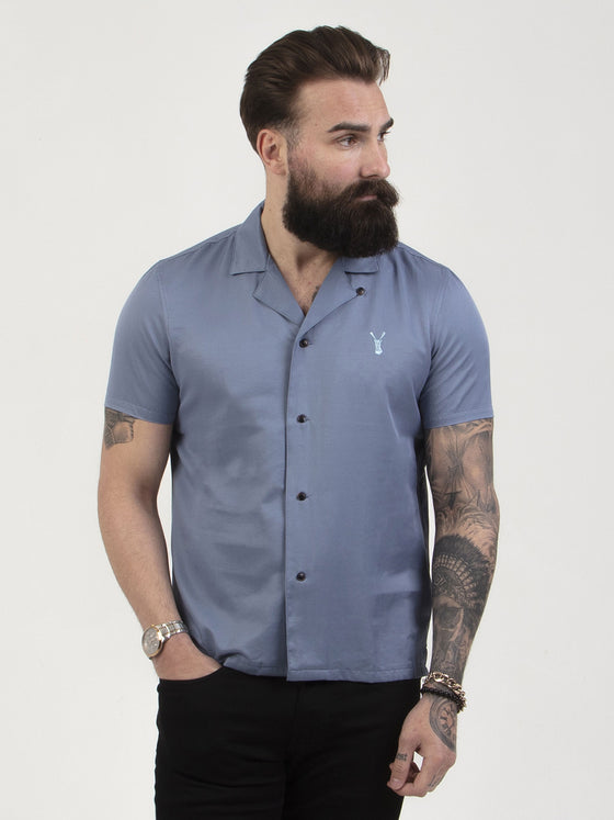 Regular fit mens resort collar classic basic blue casual short sleeve shirt pearly king