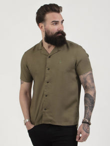  Regular fit mens resort collar classic basic sage green casual short sleeve shirt pearly king