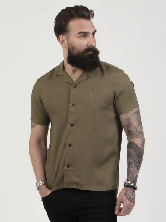 Regular fit mens resort collar classic basic sage green casual short sleeve shirt pearly king