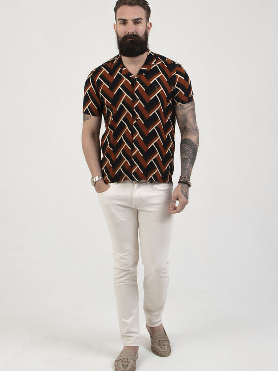 Regular fit mens resort collar chevron rust patterned herringbone casual short sleeve shirt pearly king