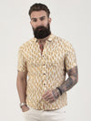 Regular fit mens lightweight button down leaf print ecru casual short sleeve shirt pearly king