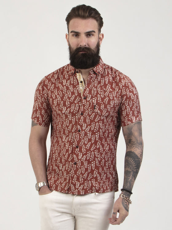 Regular fit mens lightweight button down leaf print rust casual short sleeve shirt pearly king