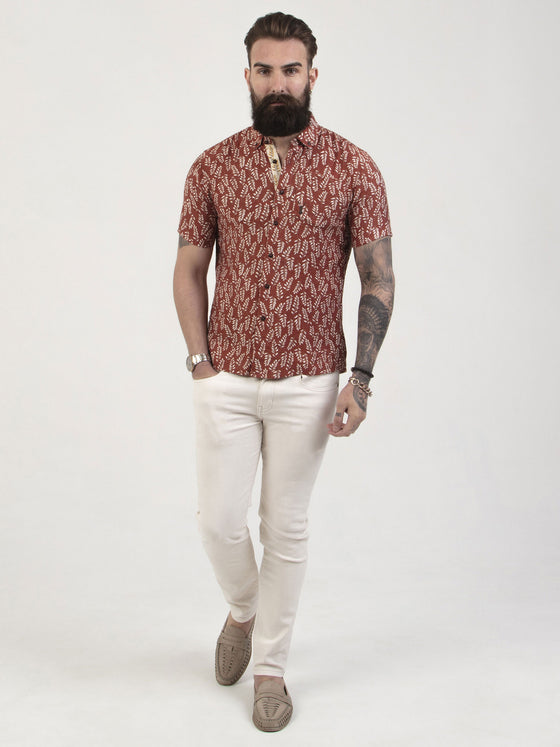 Regular fit mens lightweight button down leaf print rust casual short sleeve shirt pearly king