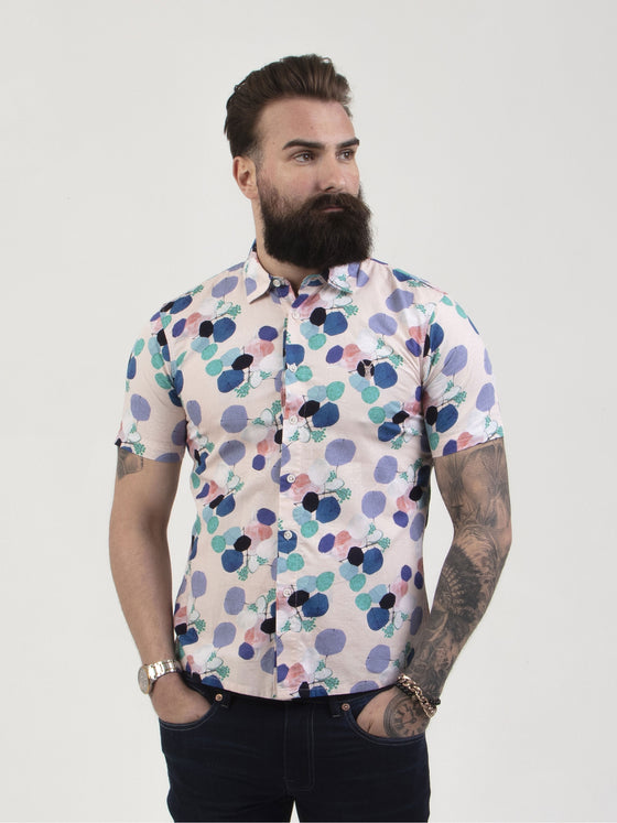 Regular fit mens cotton lightweight abstract dot print casual short sleeve shirt pearly king
