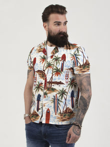  Regular fit mens cotton resort collar exotic palm printed casual short sleeve shirt pearly king