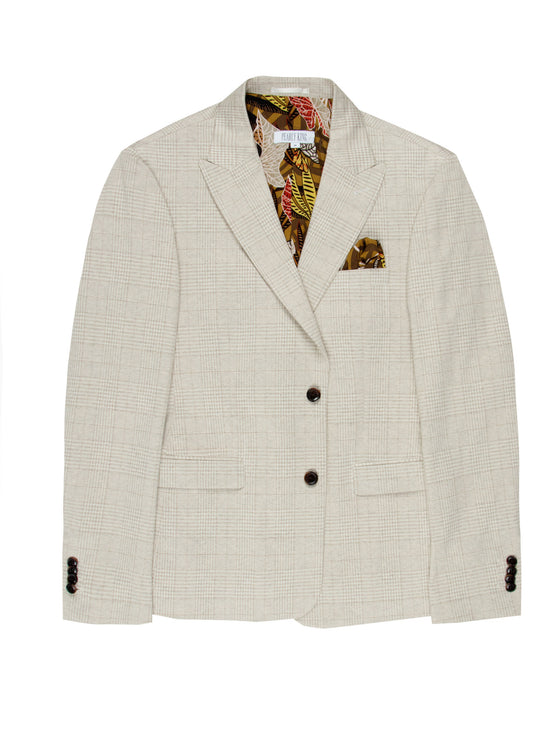 Regular fit mens stretch beige check single breasted blazer pearly king