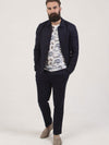 Regular fit mens linen stretch navy plain tailored boxy fit jacket pearly king