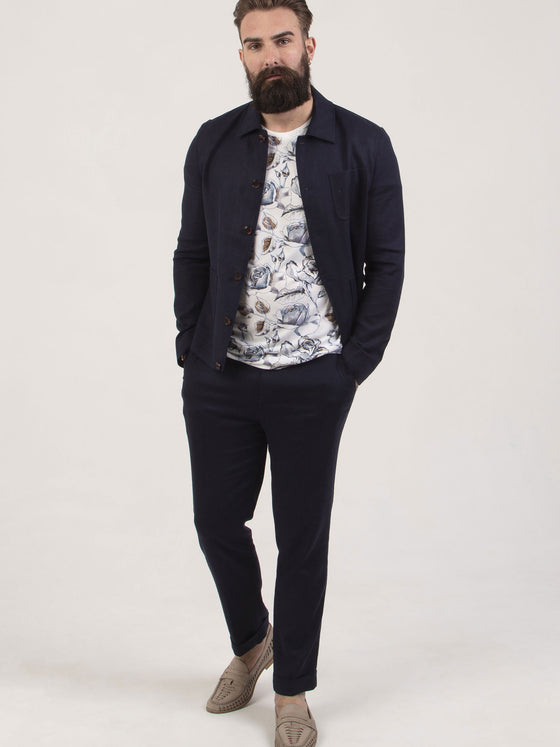 Regular fit mens linen stretch navy plain tailored boxy fit jacket pearly king