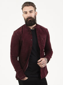  Regular fit mens heavy weight textured grandad collar burgundy casual long sleeve shirt pearly king