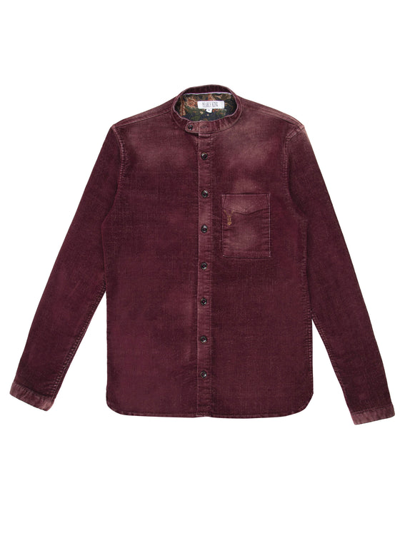 Regular fit mens heavy weight textured grandad collar burgundy casual long sleeve shirt pearly king