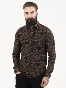  Regular fit mens lightweight drape leaf print black rust casual long sleeve shirt pearly king