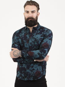  Regular fit mens cotton floral print teal casual long sleeve shirt pearly king