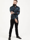 Regular fit mens cotton floral print teal casual long sleeve shirt pearly king
