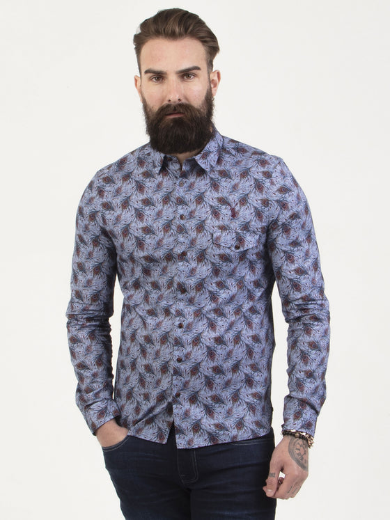 Regular fit mens cotton blue red peacock print casual long sleeve shirt pearly king