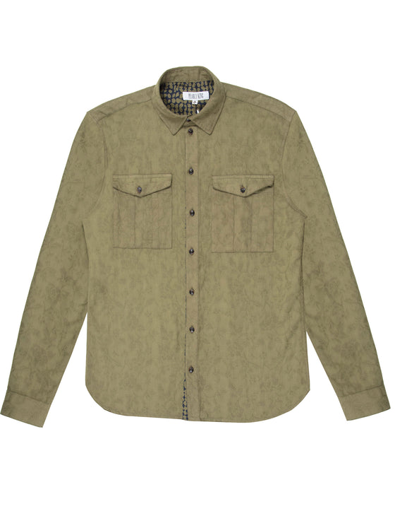 Regular fit mens cotton military inspired olive green casual long sleeve shirt pearly king