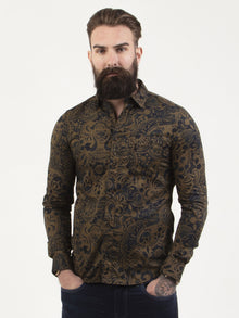  Regular fit mens cotton abstract floral graphic print khaki casual long sleeve shirt pearly king