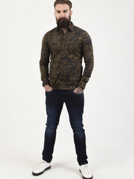 Regular fit mens cotton abstract floral graphic print khaki casual long sleeve shirt pearly king