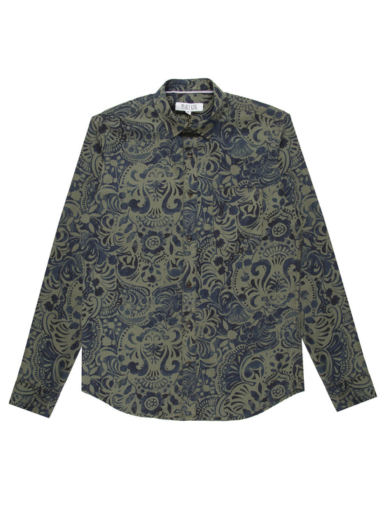 Regular fit mens cotton abstract floral graphic print khaki casual long sleeve shirt pearly king