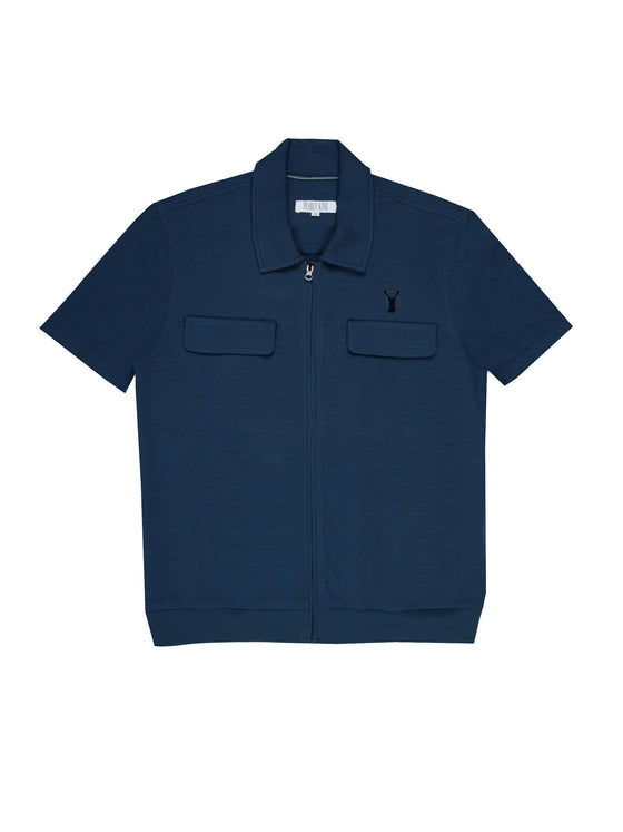 Regular fit mens waffle textured dart navy blue polo shirt pearly king
