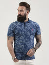 Regular fit mens stretch cotton jersey floral indigo blue polo shirt pearly king