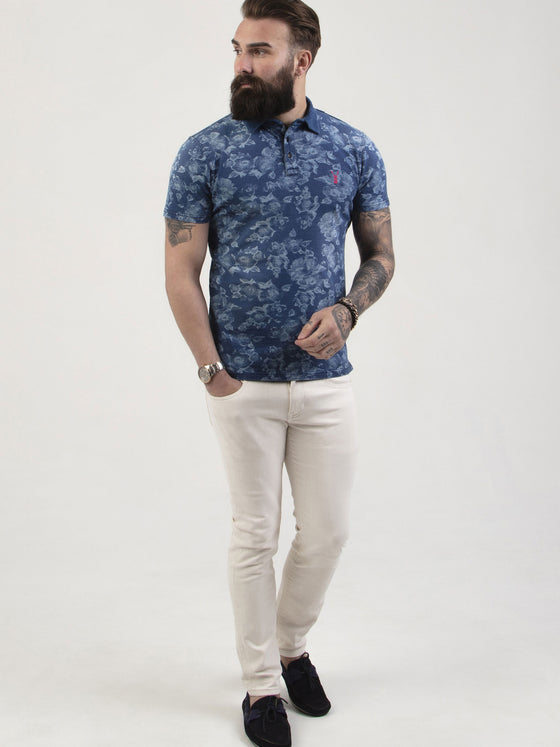 Regular fit mens stretch cotton jersey floral indigo blue polo shirt pearly king