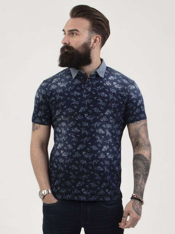 Regular fit mens stretch cotton jersey floral indigo blue polo shirt pearly king