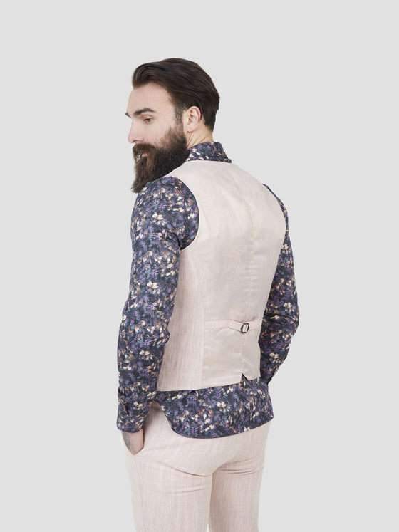 Regular fit mens linen blend herringbone rose single breasted waistcoat pearly king