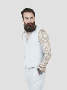  Regular fit mens linen blend herringbone sky single breasted waistcoat pearly king