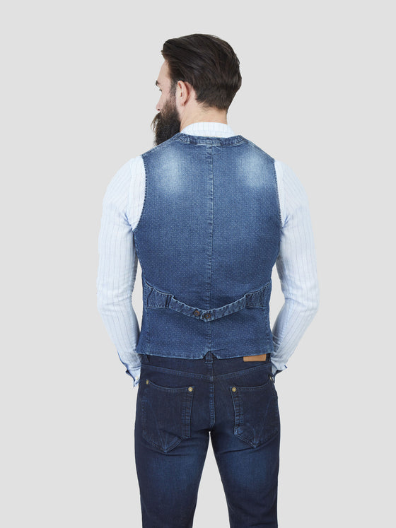 Regular fit mens cotton denim look indigo single breasted waistcoat pearly king