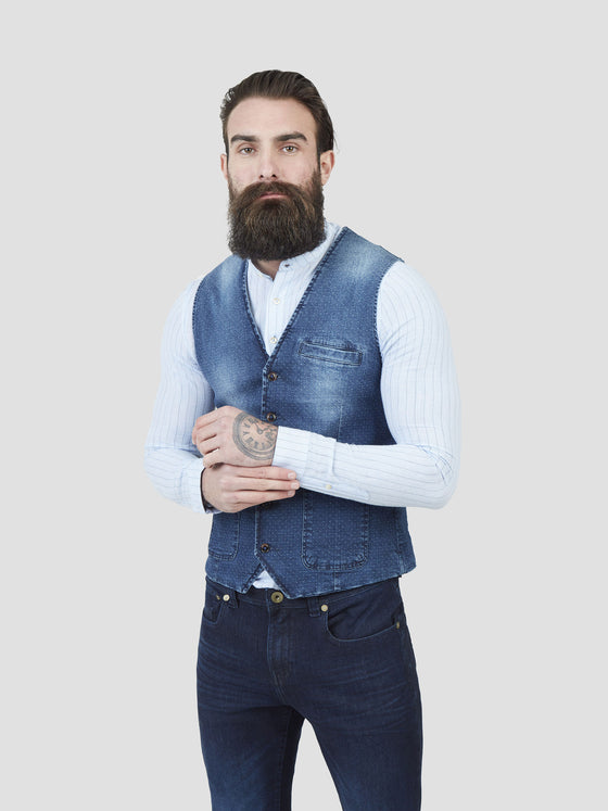 Regular fit mens cotton denim look indigo single breasted waistcoat pearly king