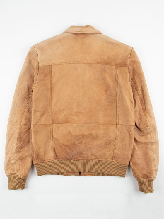 Regular Fit Strafe Light Beige Leather Bomber Jacket