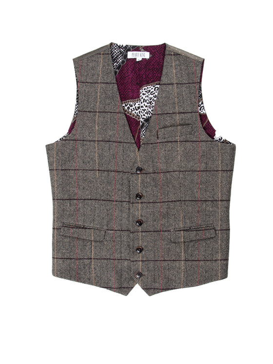 Regular Fit Static Brown/Sand Check Single Breasted Waistcoat